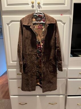 XOXO Brown Suede Long Coat Floral Lined Button Front Trench Coat Size L